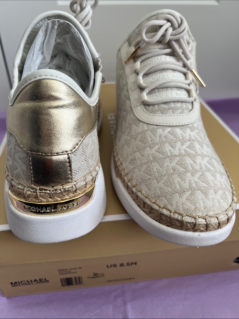 MICHAEL KORS Cream Logo Espadrille Sneaker with Gold Heel Accent US W 8.5